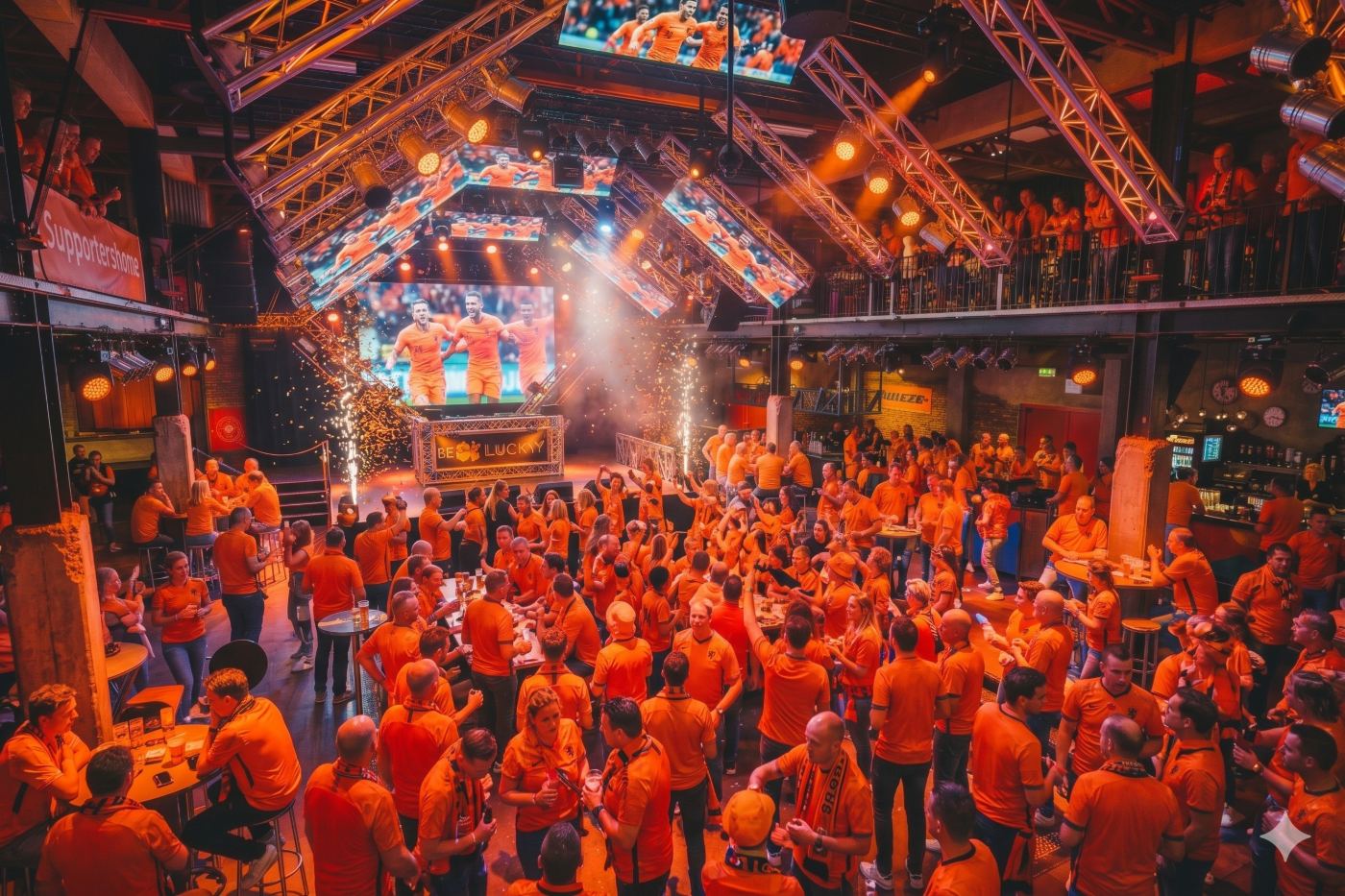 Honderden supporters in oranje bij Lucky tijdens een wedstrijd